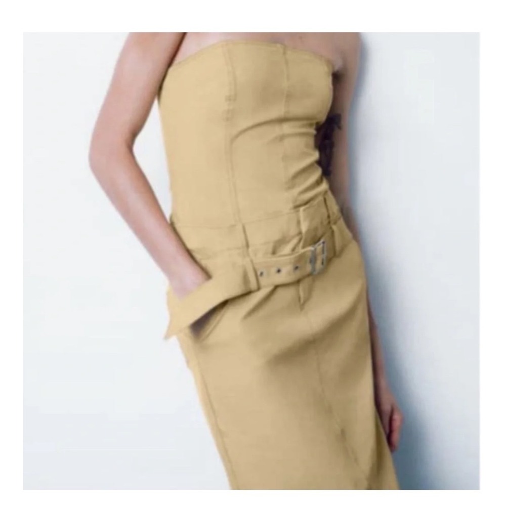 Zara Strapless Cargo Dress Size Medium NWT Belted Utility Midi Dress - Picture 2 of 16